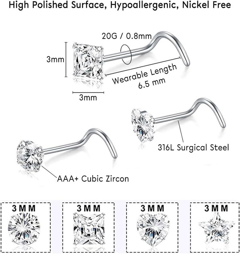 SEEDRILL 8Pcs 20G Nose Rings studs for Woman Hypoallergenic Nose Studs 316L Surgical Steel with Gold Plated Nose Piercings Jewelry 3mm CZ L Shape Nose Rings 20 Gauge Nose Stud Nose Screw Studs - Image 3